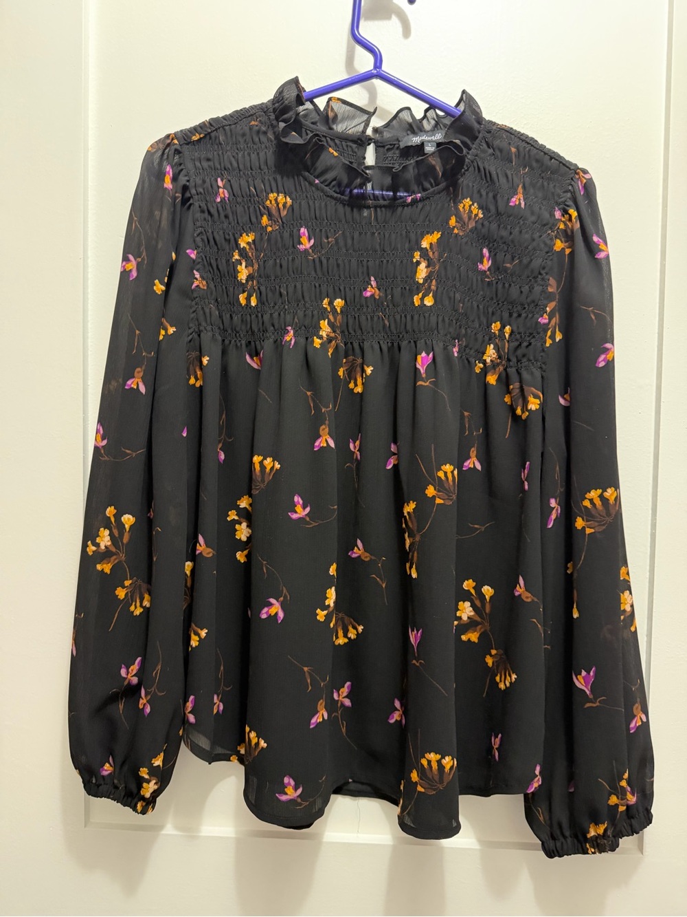 Madewell Black Floral Ruffle-Neck Long Sleeve Blouse - Picture 2 of 3